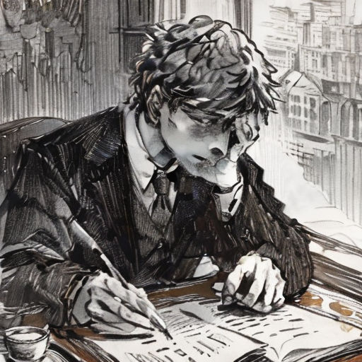 a man sitting at a table writing on a piece of paper with a pen and paper clipping in his hand