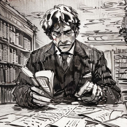 a man sitting at a table with a book in his hands and a pen in his hand, in front of a bookshelf
