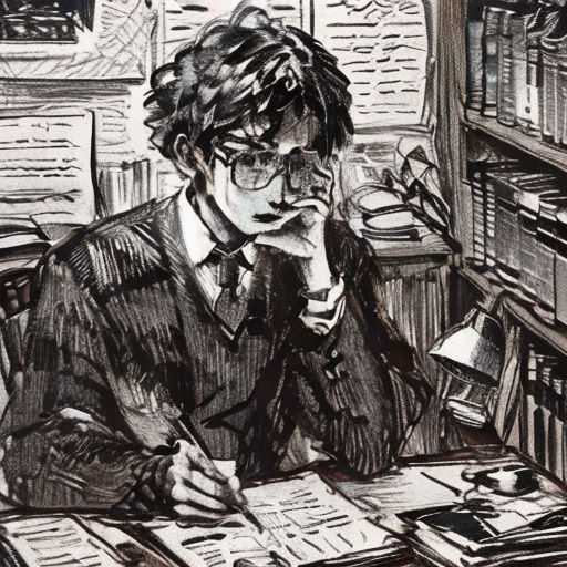 a man sitting at a desk with a book and pen in his hand and a book in his other hand