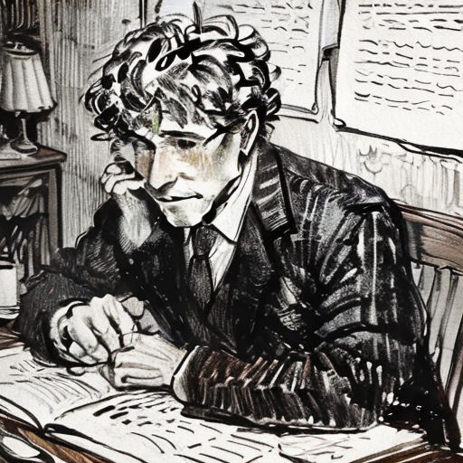 a drawing of a man sitting at a desk with a book and pen in his hand and a lamp on the side