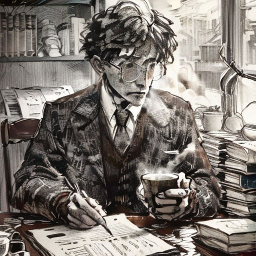 a man sitting at a desk with a cup of coffee and papers in front of him, writing on a piece of paper
