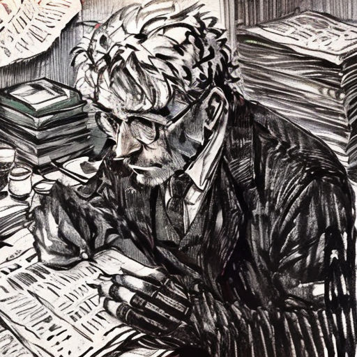 a drawing of a man sitting at a desk with a phone in his hand and papers in front of him