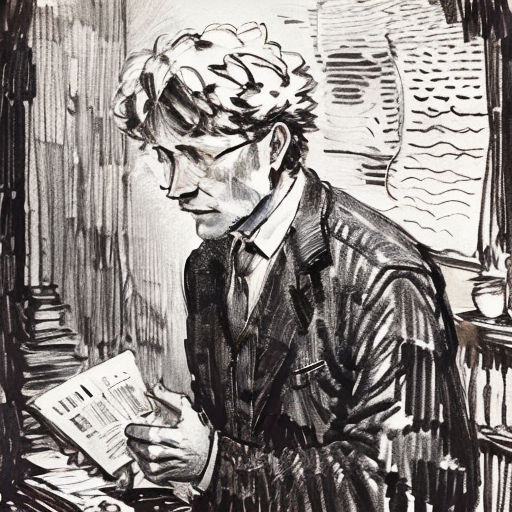 a drawing of a man sitting at a table reading a book and looking at a newspaper in his hand