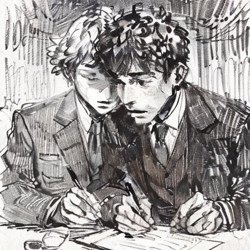 a drawing of two men sitting at a table writing on paper and writing something on a pen and paper