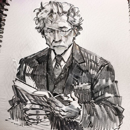 a drawing of a man in a suit reading a book while wearing glasses and a tie with a curly hair