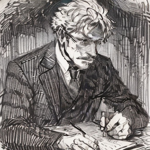 a drawing of a man writing in a book with a pen and paper in his hand, in a dark room