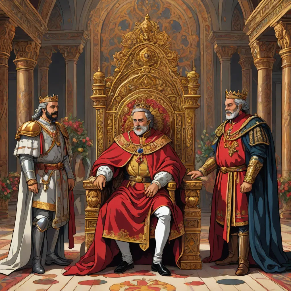 a painting of a man sitting on a throne with two other men standing around him and one man in a red robe, sots art, concept art, Brothers Hildebrandt, official art