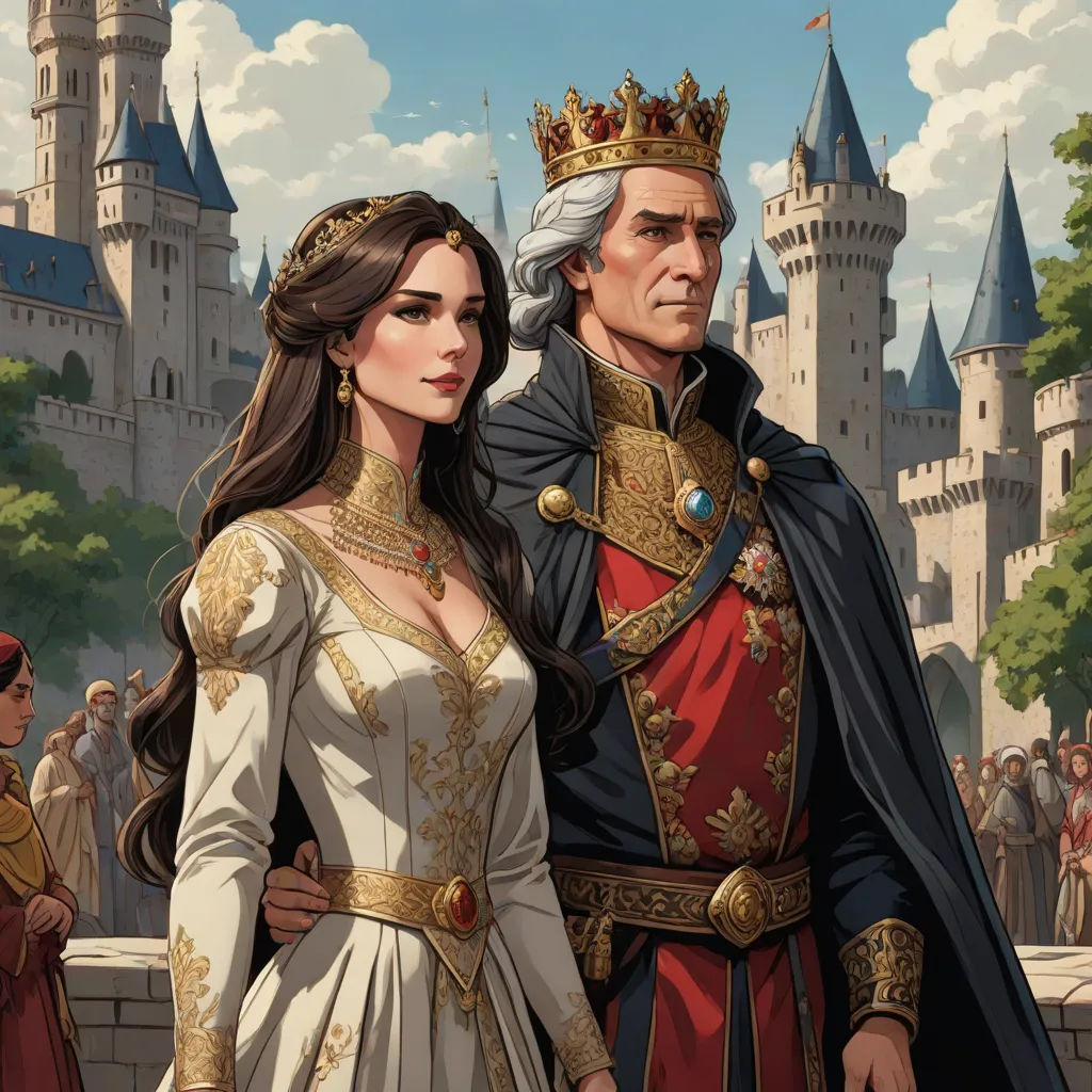 a man and woman in medieval dress standing next to each other in front of a castle with a crowd of people, fantasy art, a detailed painting, Charlie Bowater, epic fantasy character art