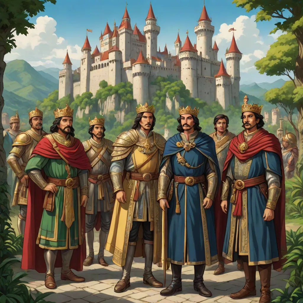 a group of men in medieval clothing standing in front of a castle with a castle in the background and trees, antipodeans, concept art, Brothers Hildebrandt, official art