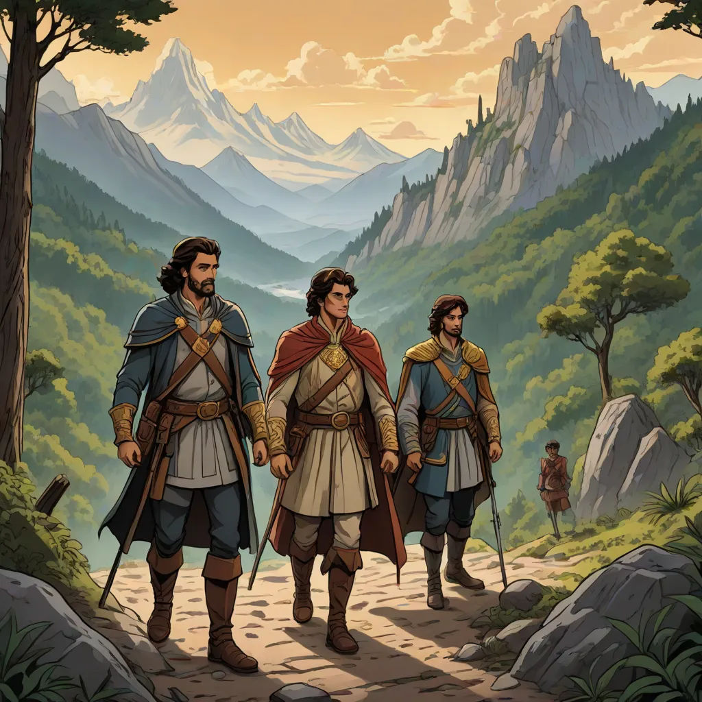three men in roman costumes walking down a path in a mountainous area with mountains in the background and a sky with clouds, fantasy art, a storybook illustration, Brothers Hildebrandt, official art
