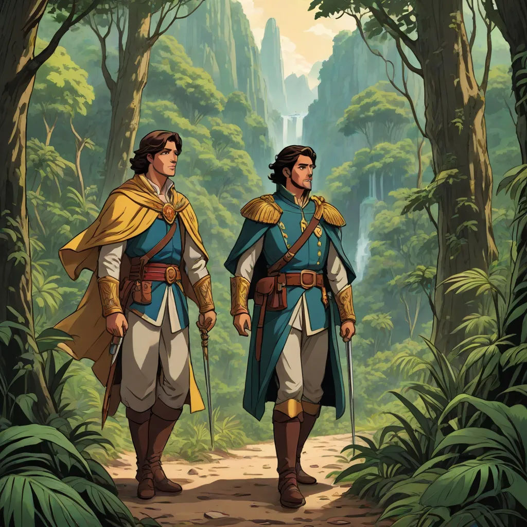 two men in medieval clothing walking through a forest with a waterfall in the background and a waterfall in the background, fantasy art, a storybook illustration, Brothers Hildebrandt, official art