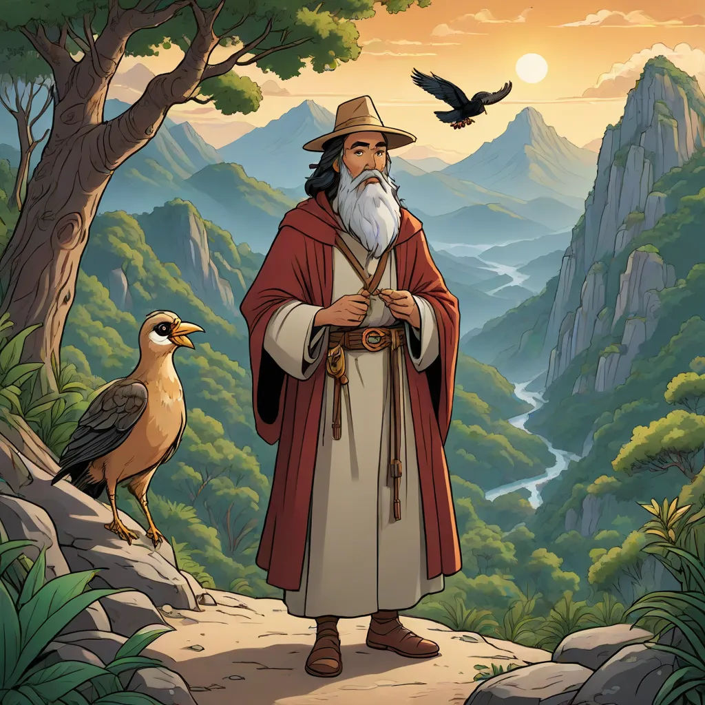 a man with a beard and a bird on a mountain side with a mountain range in the background and a bird perched on the ground, figurativism, a character portrait, Cliff Childs, character portrait