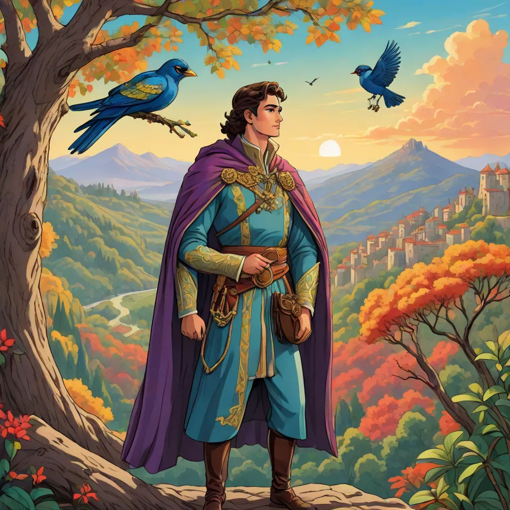 a painting of a man in a blue outfit and a bird on his shoulder, standing in front of a tree, fantasy art, a storybook illustration, Conroy Maddox, official art