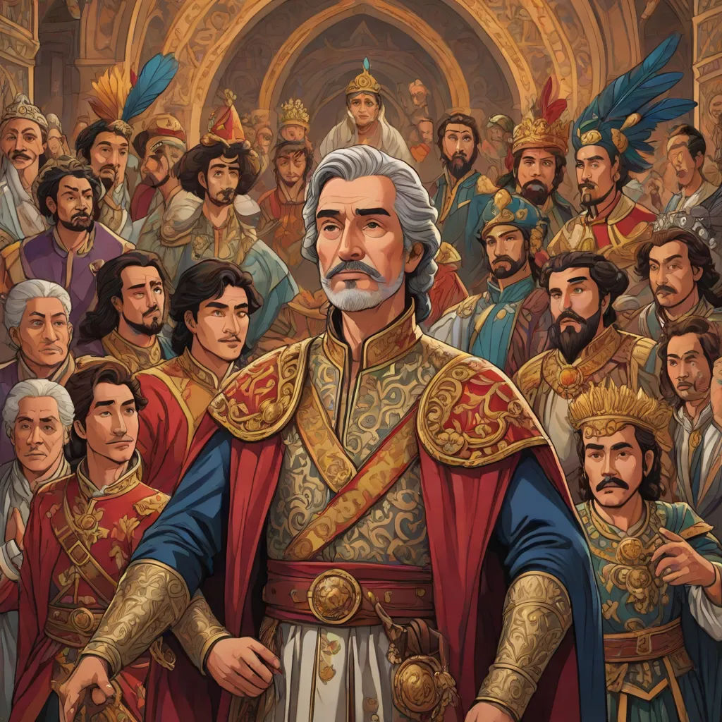 a painting of a man in a crown surrounded by other men in costume and in a crowd of people, qajar art, a detailed painting, Altoon Sultan, official art