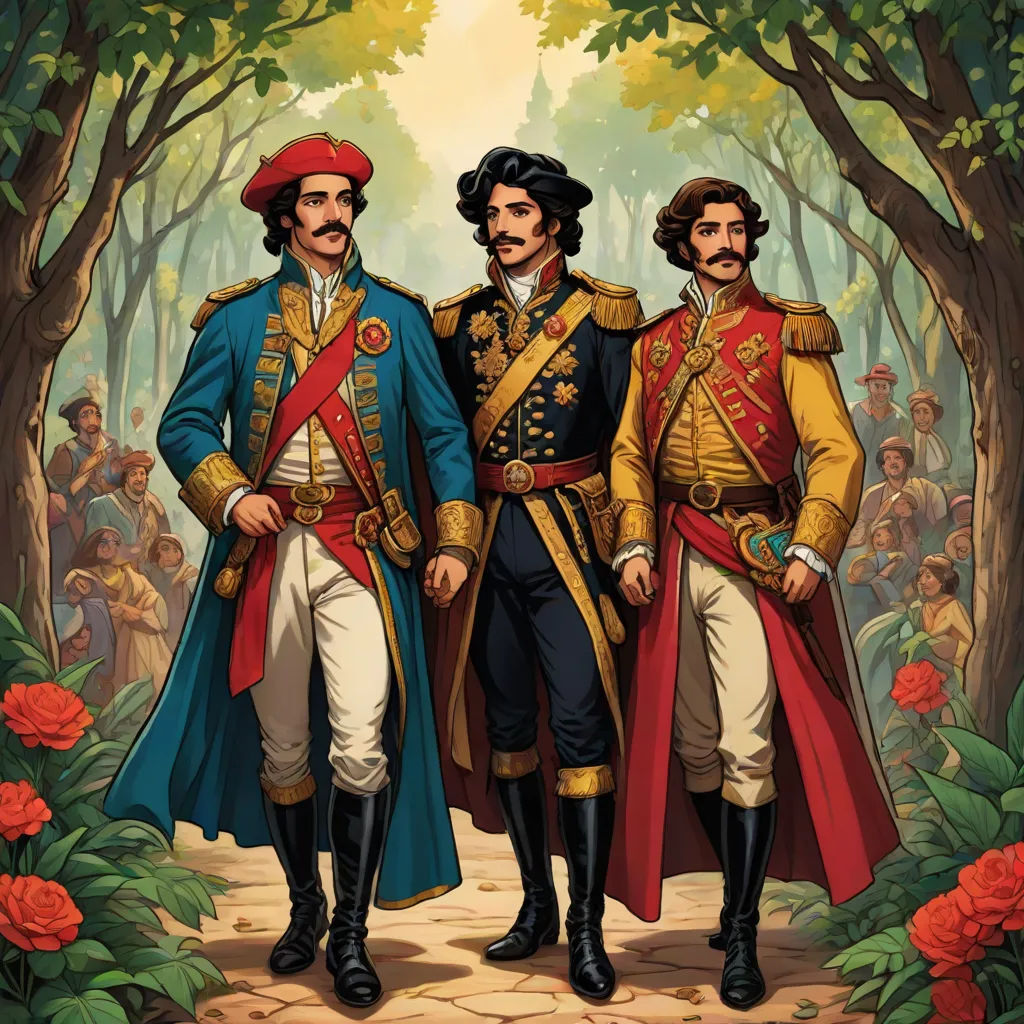 a painting of two men in uniform standing next to each other in a forest with roses and trees behind them, les automatistes, a character portrait, Enguerrand Quarton, official art