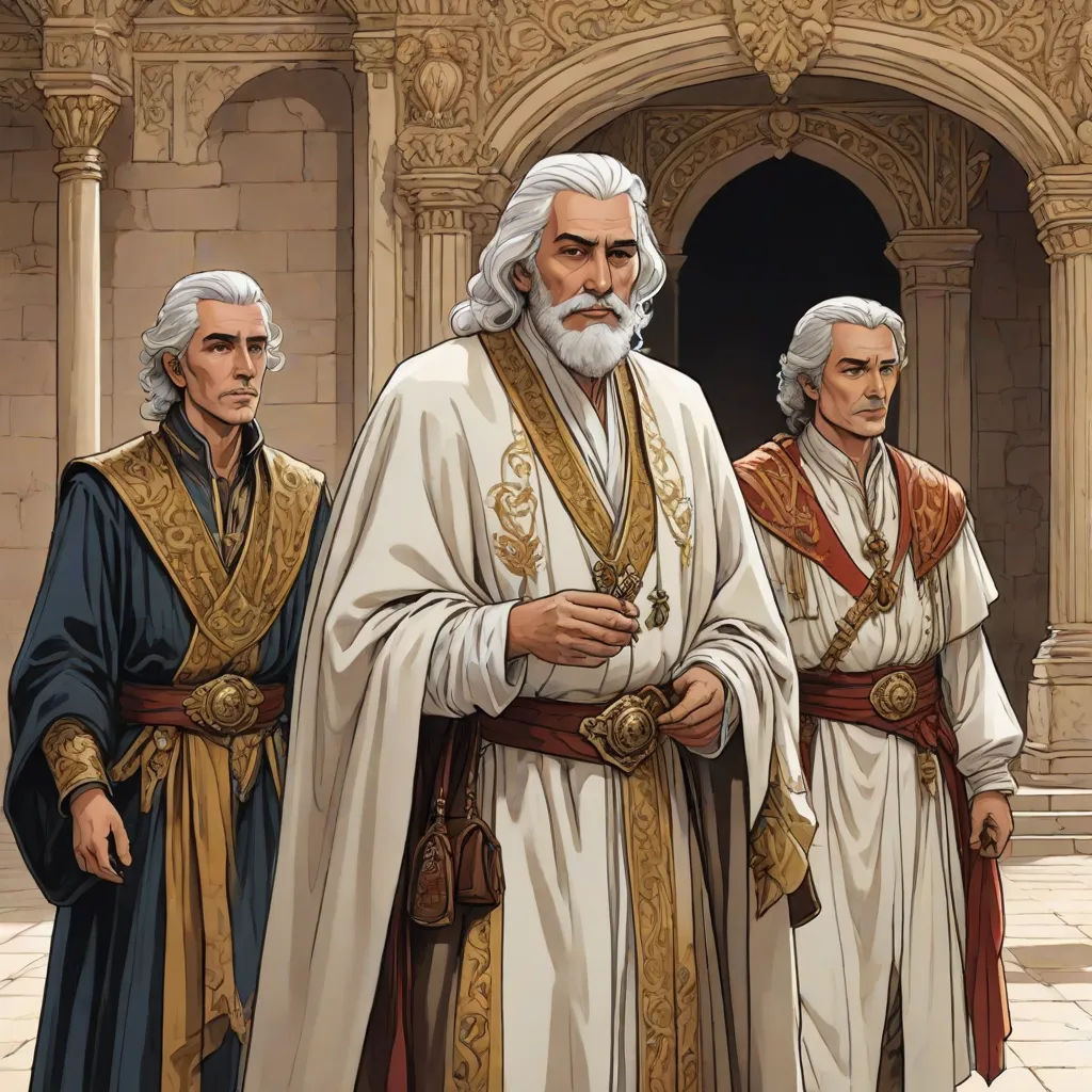 a painting of three men in medieval clothing standing in front of a building with a doorway and a doorway, unilalianism, an illustration of, Brothers Hildebrandt, official art