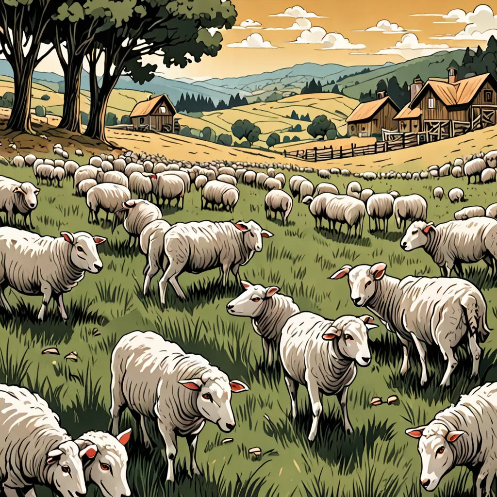 a herd of sheep grazing in a field with a barn in the background and a sunset in the sky, les automatistes, a storybook illustration, Dan Mumford, josan gonzales and dan mumford