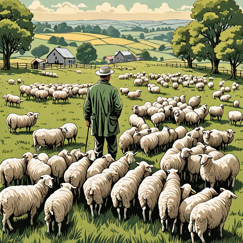 a man standing in a field with a flock of sheep in front of him and a house in the background, synthetism, a storybook illustration, Art Spiegelman, pj crook