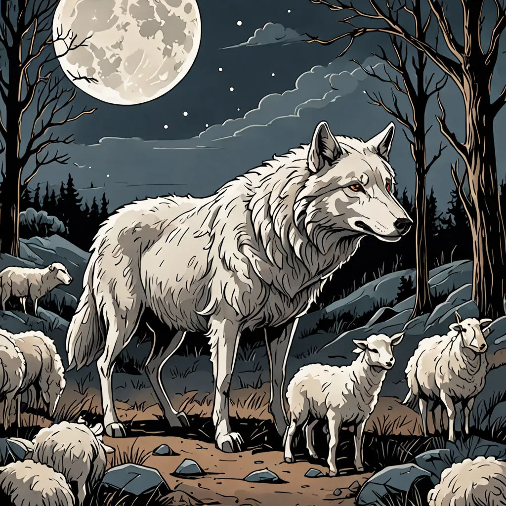 a wolf and her cubs are standing in the woods at night with the moon in the background and the moon in the sky, symbolism, a storybook illustration, Dan Mumford, detailed illustration