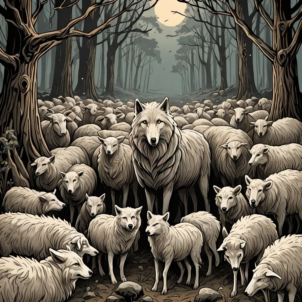 a herd of sheep standing in a forest under a full moon sky with trees and a full moon in the background, institutional critique, a storybook illustration, Cyril Rolando, pj crook