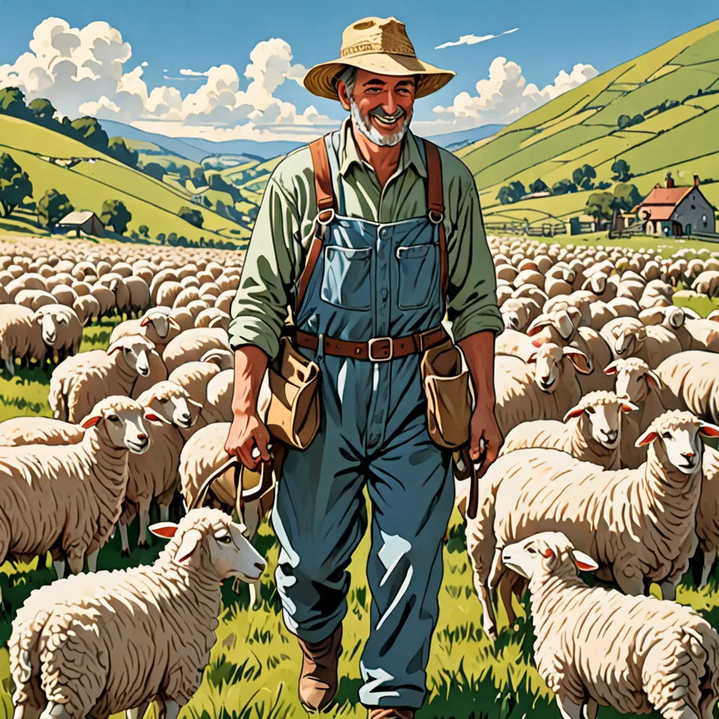 a man standing in a field with a herd of sheep behind him and a house in the background with a blue sky, synthetism, a storybook illustration, Barron Storey, furaffinity