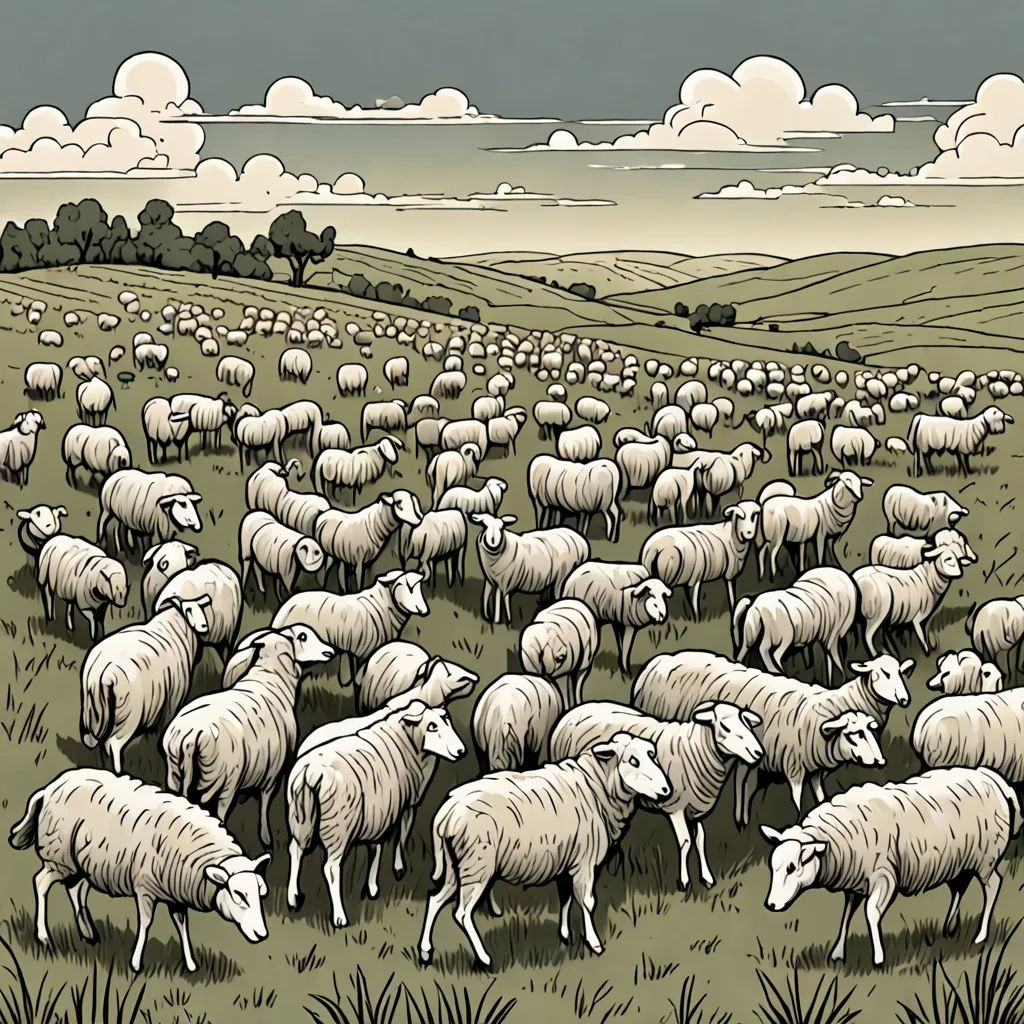 a herd of sheep grazing in a field under a cloudy sky with clouds above them, in a sepia tone, institutional critique, a storybook illustration, Asaf Hanuka, detailed illustration