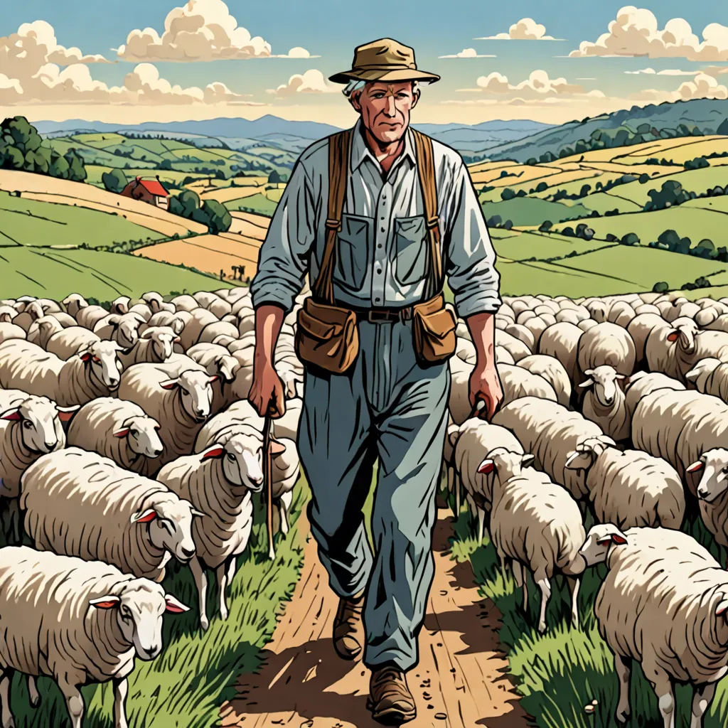 a man walking down a dirt road with a herd of sheep behind him on a sunny day with clouds in the sky, les automatistes, a storybook illustration, Asaf Hanuka, comic cover art