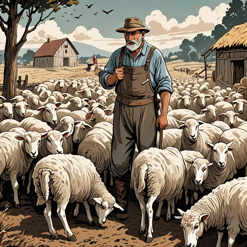 a man standing in front of a herd of sheep in a field with a barn in the background and a flock of birds flying overhead, context art, a storybook illustration, Asaf Hanuka, detailed illustration