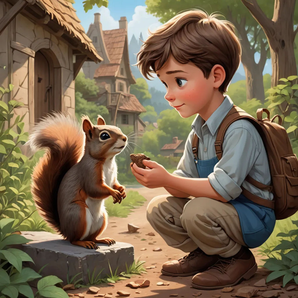 a boy feeding a squirrel in a forest with a house in the background and a forest with a house in the background, american scene painting, a storybook illustration, Aaron Jasinski, kinkade