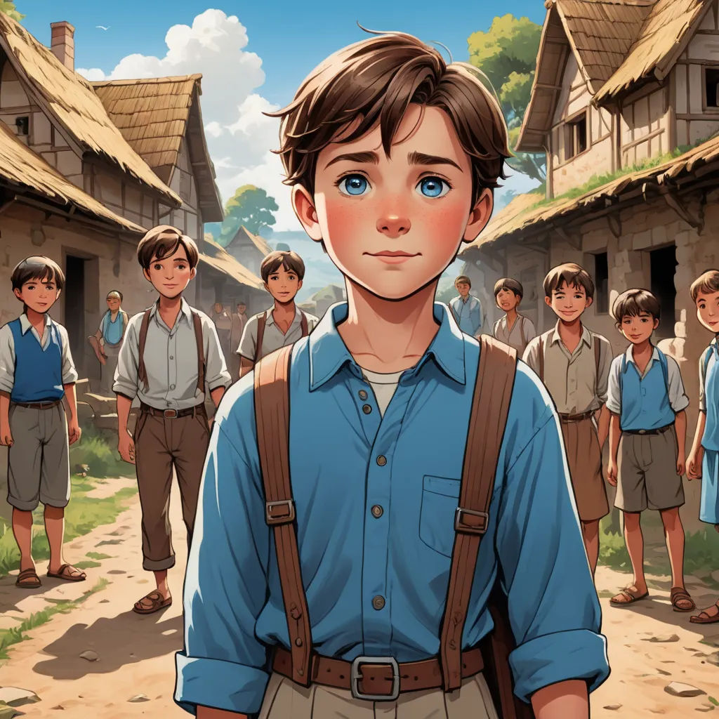 a boy in a blue shirt and suspenders stands in front of a group of boys in blue shirts, sots art, a storybook illustration, Brothers Hildebrandt, official art