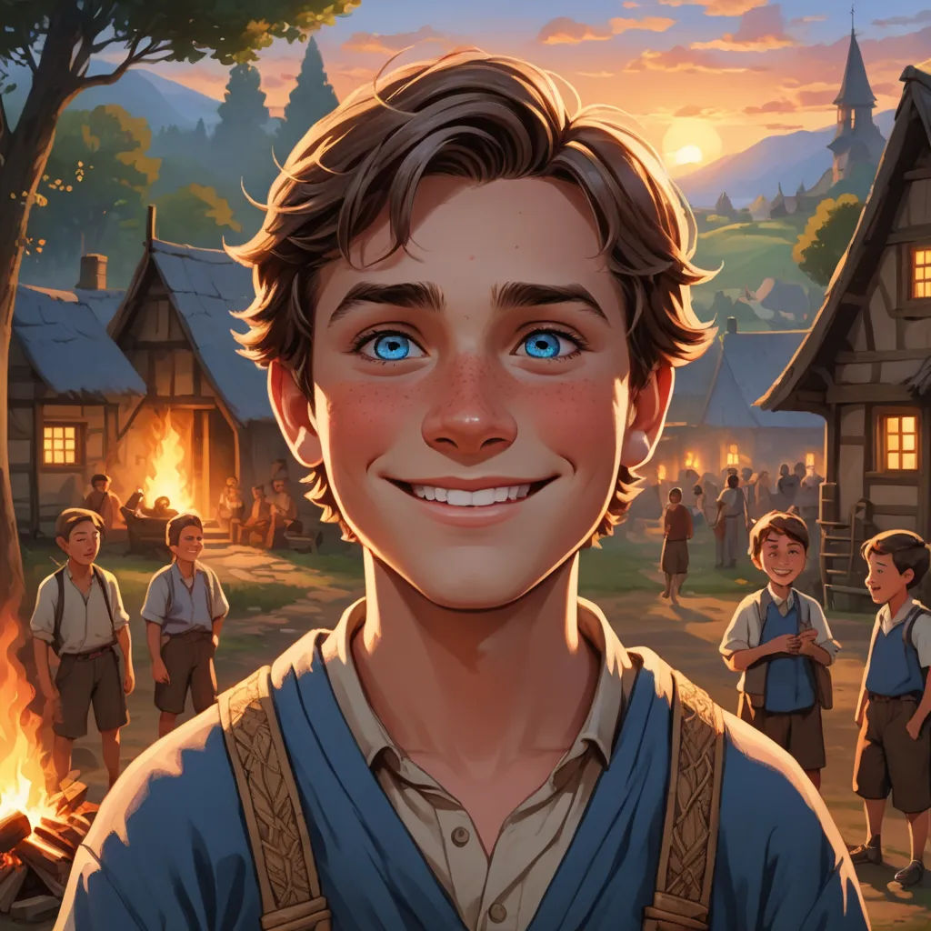 a boy with blue eyes and a blue shirt is smiling in front of a village with a fire and people, sots art, a character portrait, Brothers Hildebrandt, kinkade