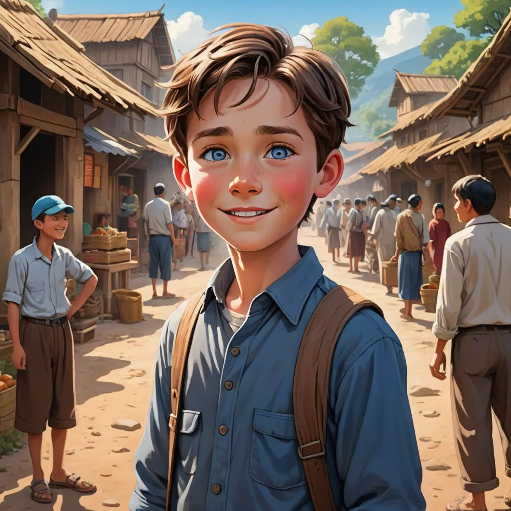 a boy with a backpack standing in front of a village with people and a building with a sky background, fantastic realism, a character portrait, Aaron Jasinski, rossdraws global illumination