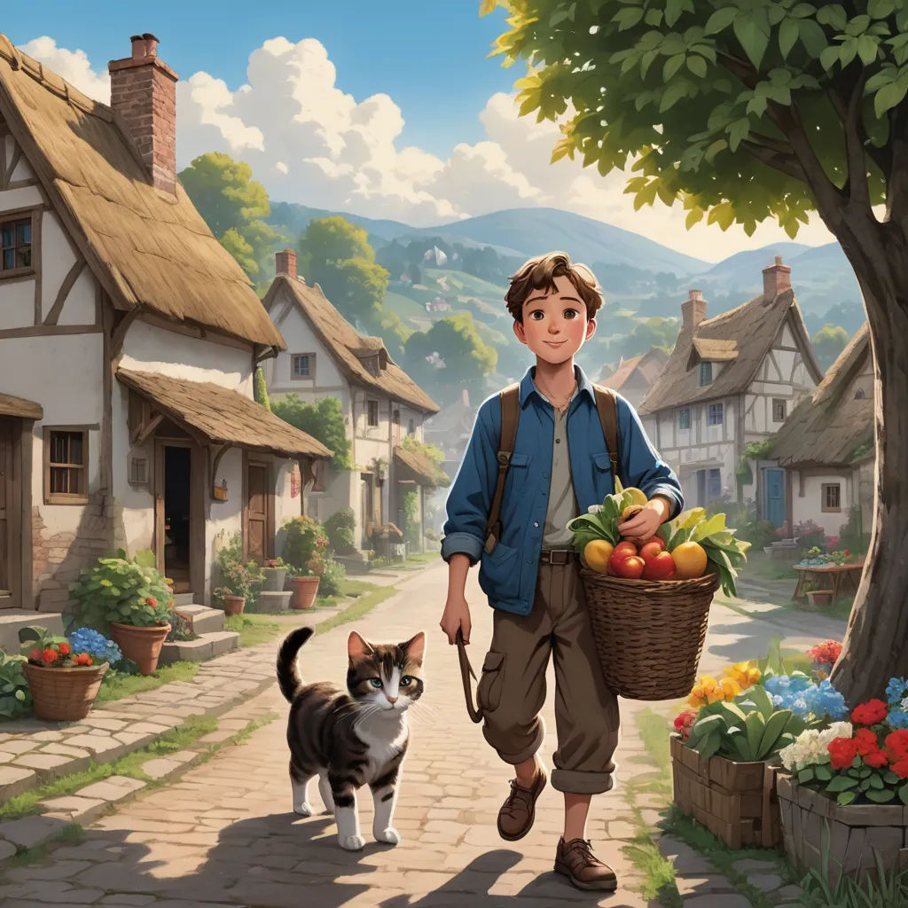 a painting of a boy walking a cat and carrying a basket of fruit in a village with a cat nearby, american scene painting, a storybook illustration, Aaron Jasinski, kinkade