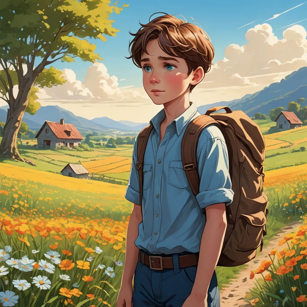 a boy with a backpack standing in a field of flowers and a house in the background with a sky, american scene painting, a storybook illustration, Aaron Jasinski, trending on art station