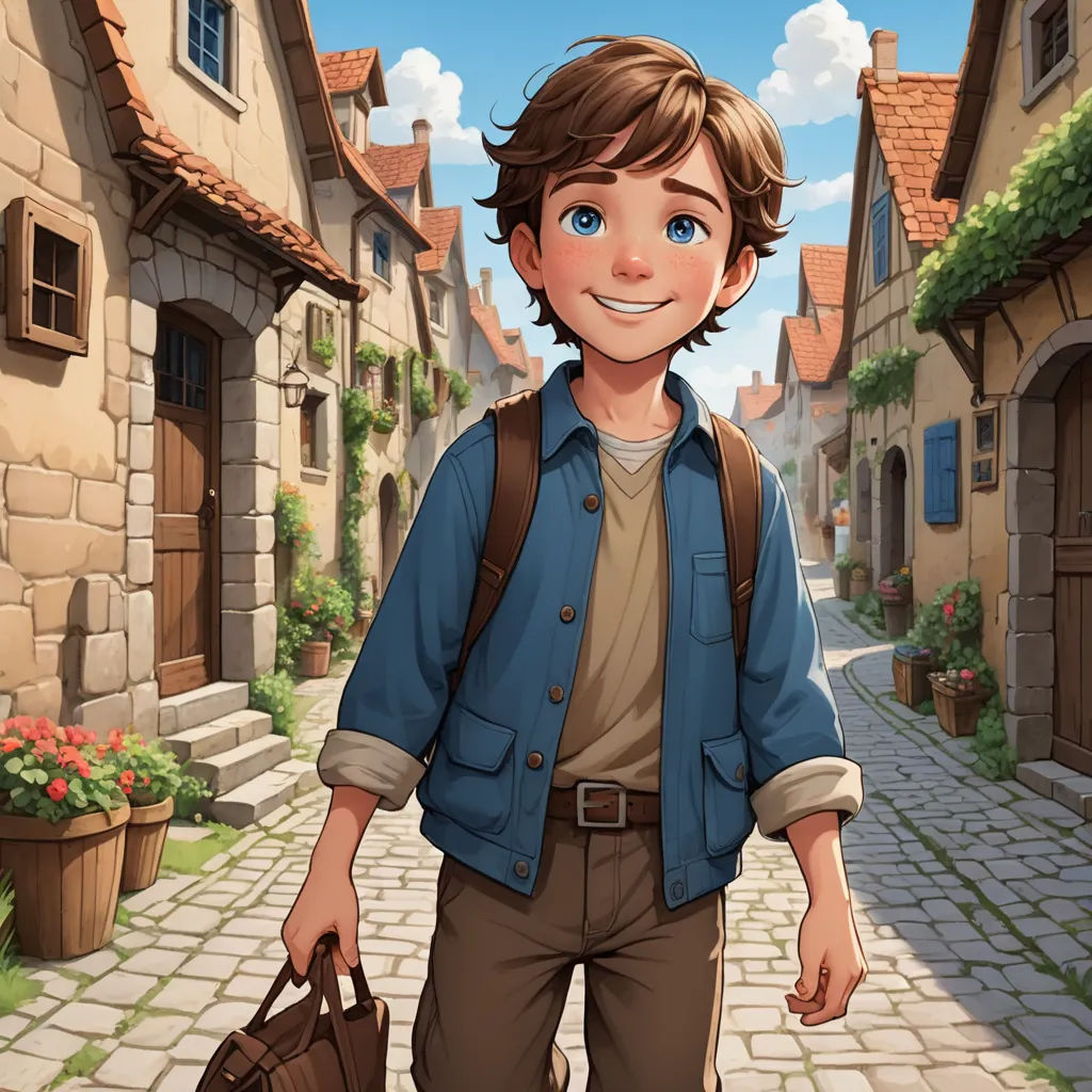 a boy with a backpack and a briefcase walking down a street in a village with a cobblestone road, fantasy art, a storybook illustration, Cedric Seaut (Keos Masons), rossdraws global illumination