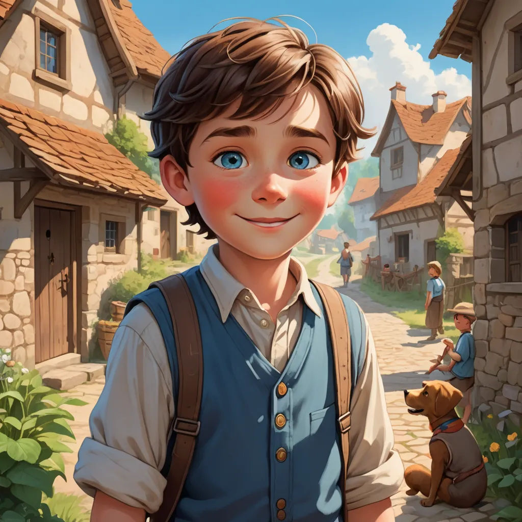 a boy with a backpack standing in front of a village with a dog and a person with a dog, sots art, a storybook illustration, Aaron Jasinski, kinkade