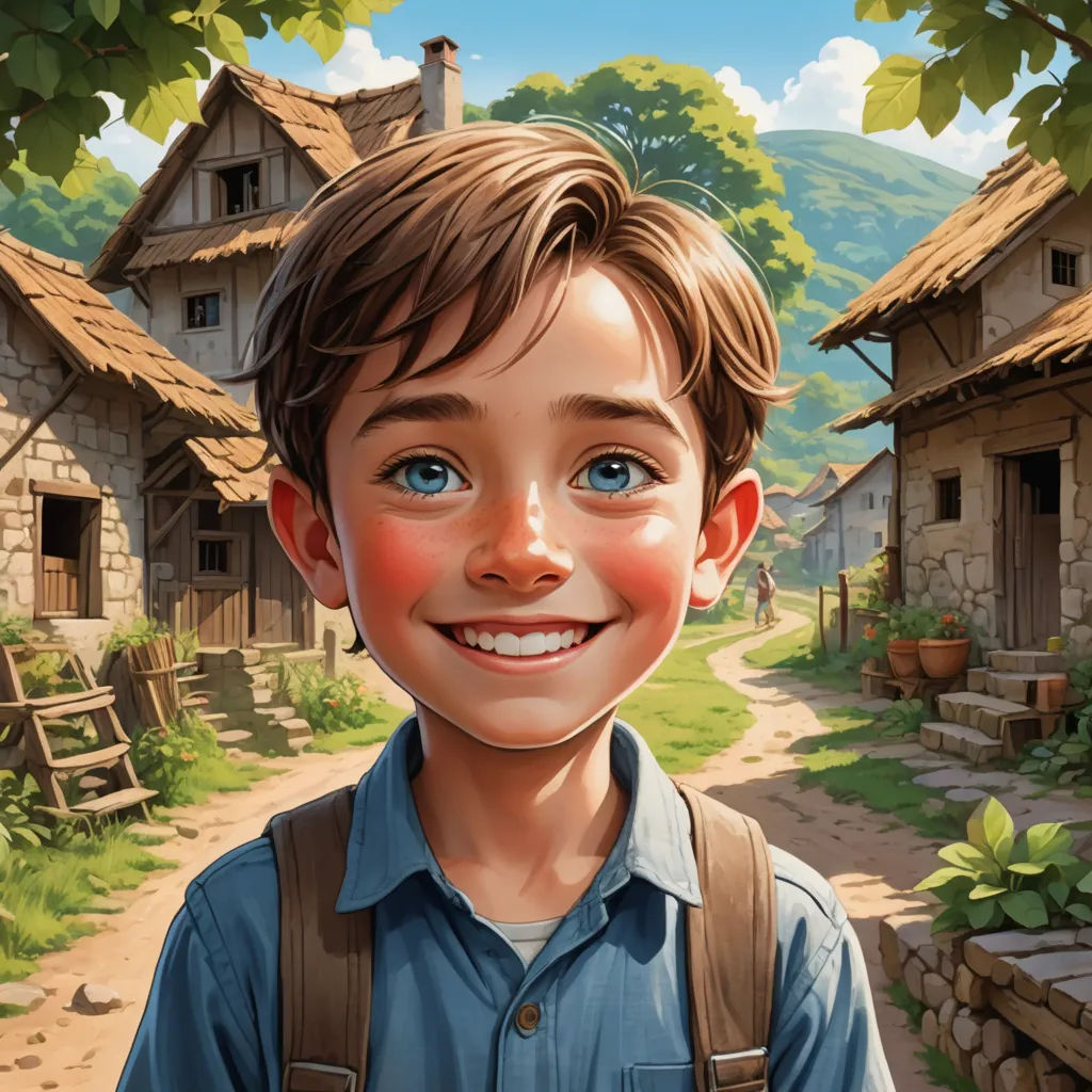 a boy with a backpack standing in front of a village with a house and a tree in the background, fantastic realism, a storybook illustration, Bob Byerley, highly detailed digital painting