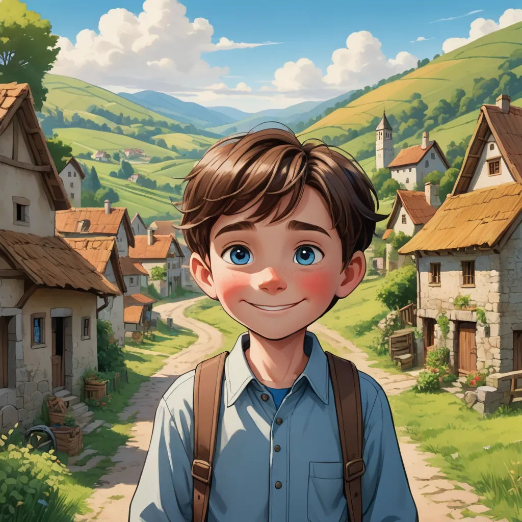 a boy with a backpack standing in front of a village with a road and houses on it, and a green hillside, american scene painting, a storybook illustration, Cliff Childs, official art