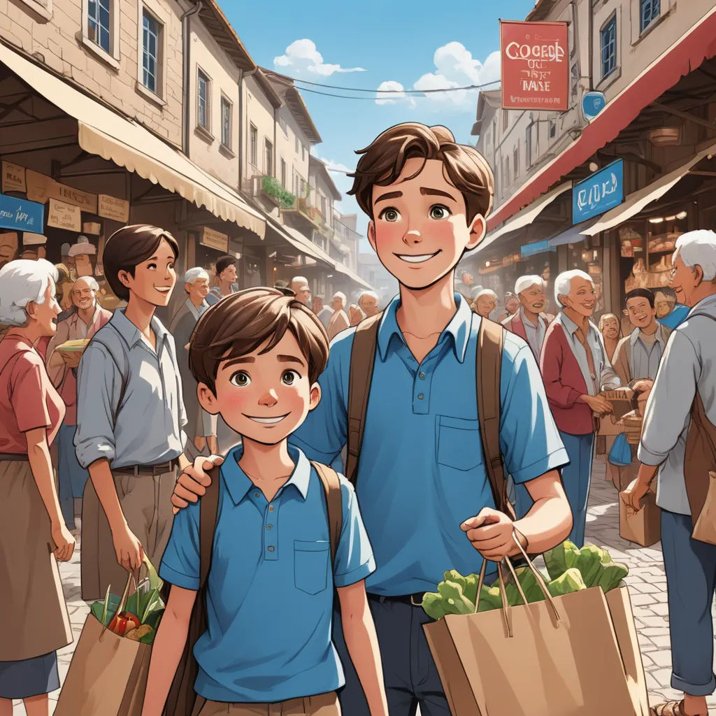 a man and a boy are standing in front of a crowd of people holding shopping bags and smiling at the camera, magical realism, a storybook illustration, Asaf Hanuka, graphic novel