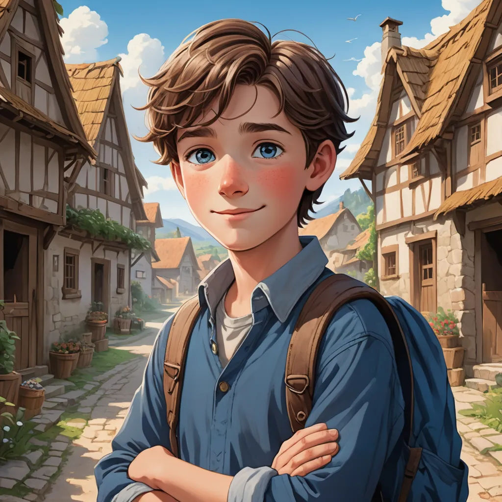 a boy with a backpack standing in front of a village with a street and houses in the background and a sky with clouds, fantasy art, a character portrait, Cedric Seaut (Keos Masons), rossdraws global illumination