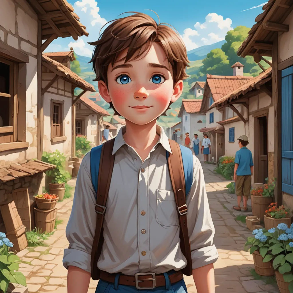 a boy with a backpack is standing in a village with a blue sky and clouds in the background and a man in a blue shirt and tan shirt is standing in the foreground, fantasy art, a storybook illustration, Aaron Jasinski, rossdraws global illumination