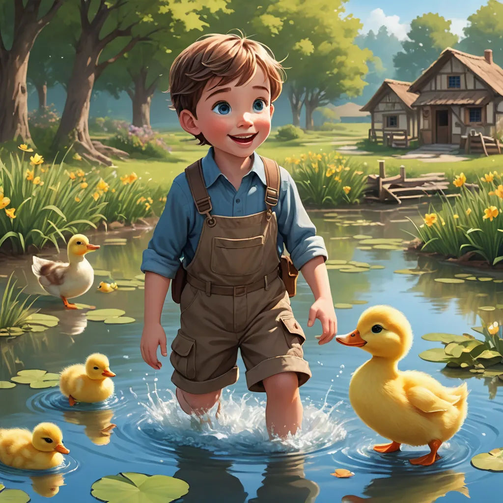 a boy in overalls and ducklings in a pond with a house in the background and a pond with lily pads, fantasy art, a storybook illustration, Brothers Hildebrandt, kinkade