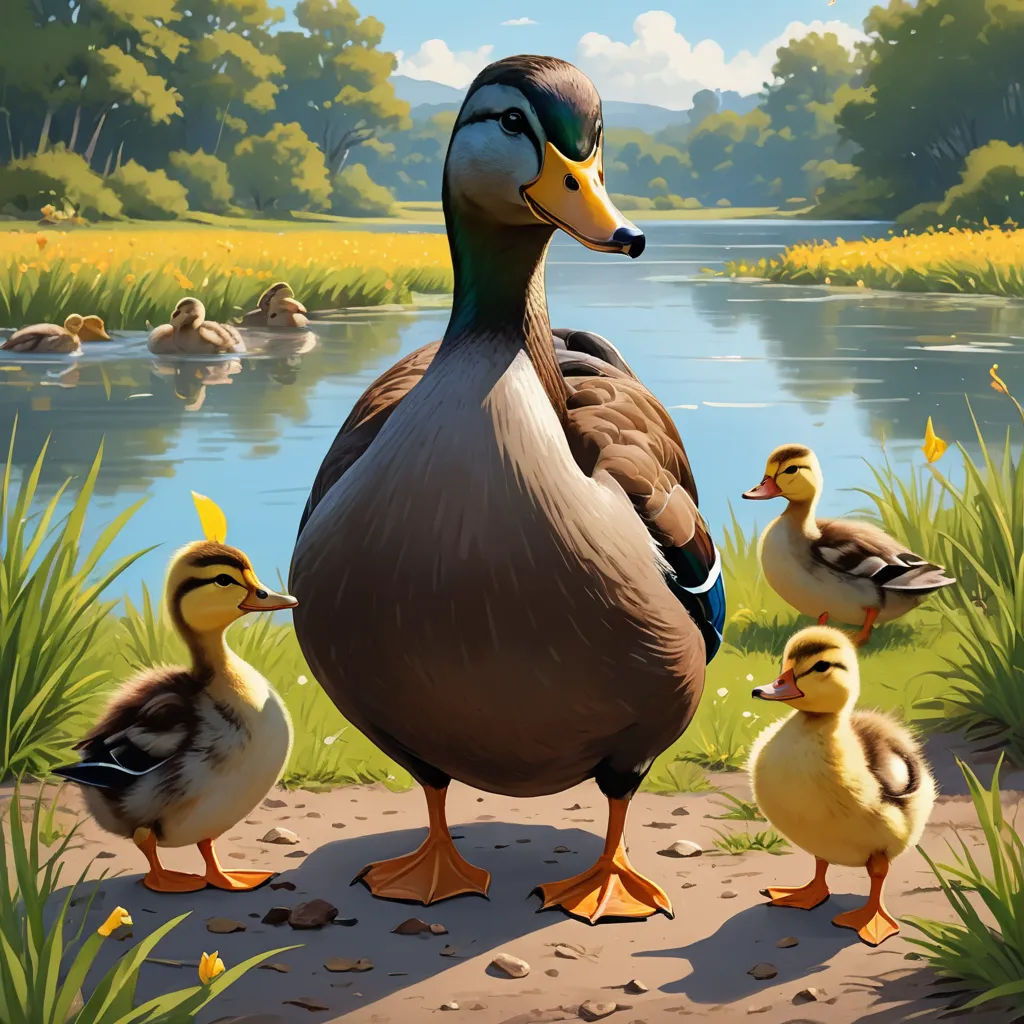 a duck with her ducklings by a pond of water and grass, with a blue sky in the background, american scene painting, an ultrafine detailed painting, Chris LaBrooy, official art