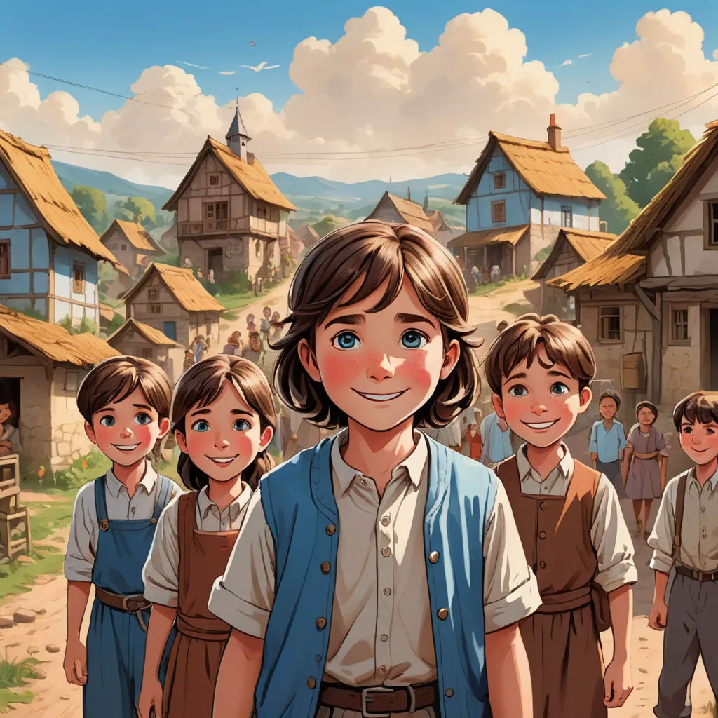 a group of children standing in front of a village with a boy in a blue shirt and a girl in a brown dress, les automatistes, a storybook illustration, Brothers Hildebrandt, official art