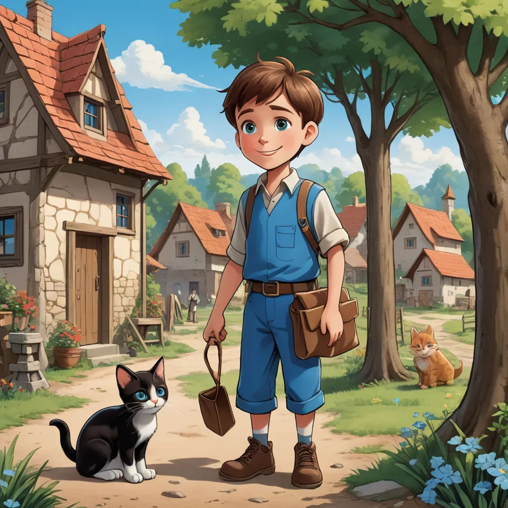 a boy with a cat and a dog in a village by a tree and a house with a cat, sots art, a storybook illustration, Cedric Seaut (Keos Masons), storybook illustration