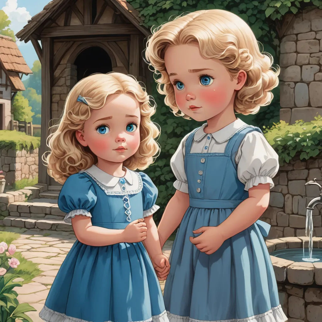 two little girls standing next to each other near a fountain and a house with a bird on it's roof, fantasy art, a storybook illustration, Brothers Hildebrandt, storybook illustration