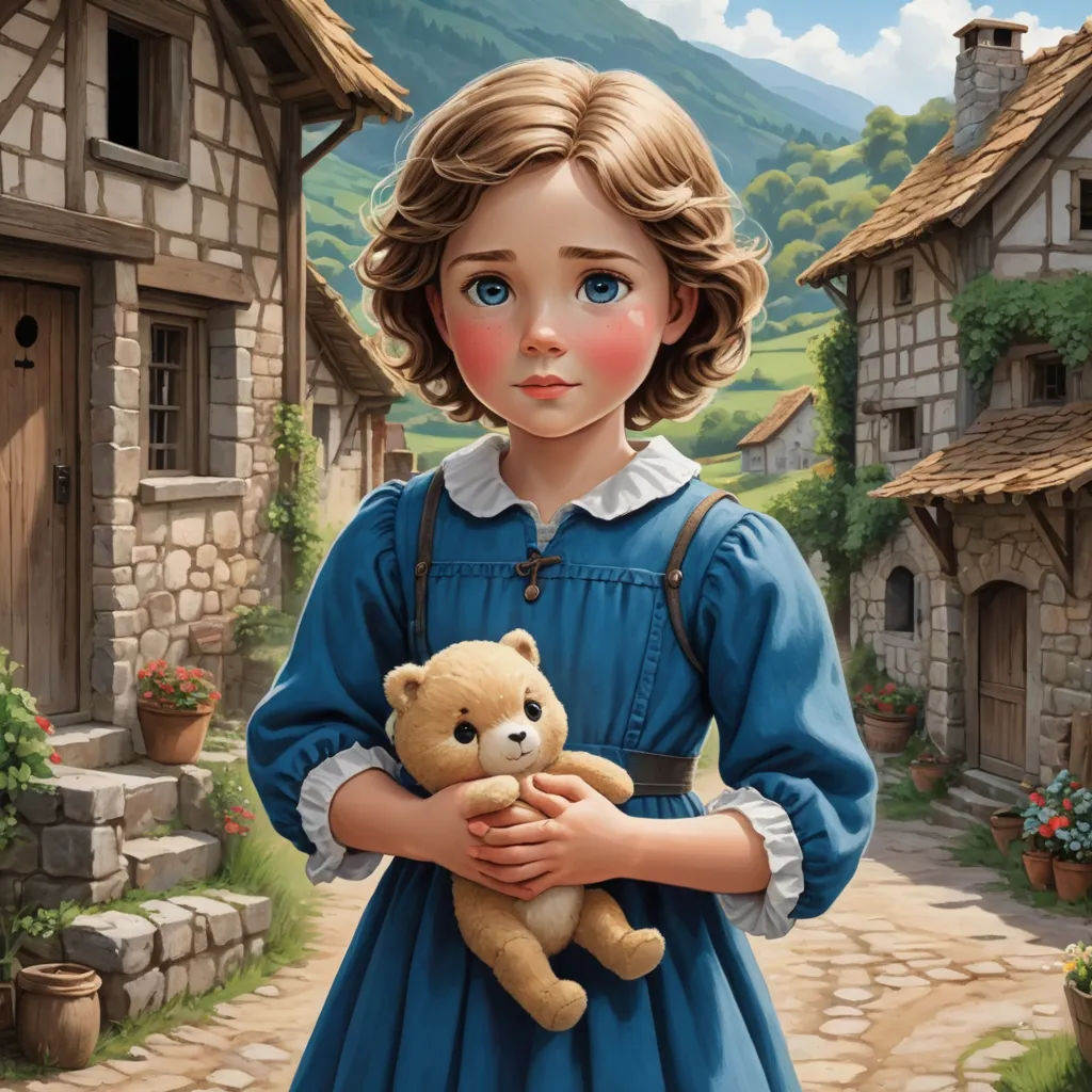 a painting of a girl holding a teddy bear in front of a village with a mountain in the background, american scene painting, a storybook illustration, Bob Byerley, kinkade