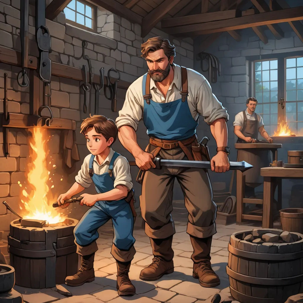 a man and a boy are working in a blacksmith with a fire in the fireplace behind them and a man is holding a hammer, sots art, computer graphics, Brothers Hildebrandt, game art