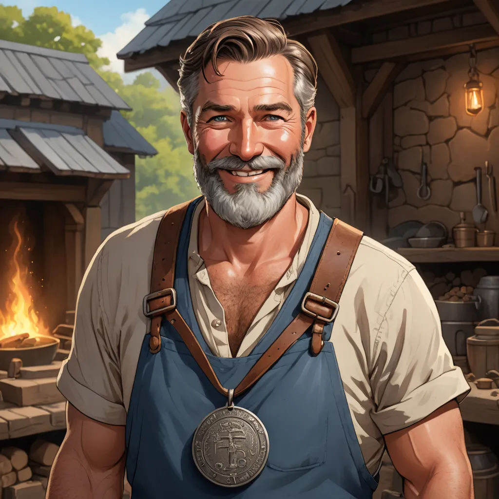 a man with a beard and a beard wearing a blue apron and a blue shirt and a brown apron, fantasy art, a character portrait, Colin Middleton, fantasy character portrait