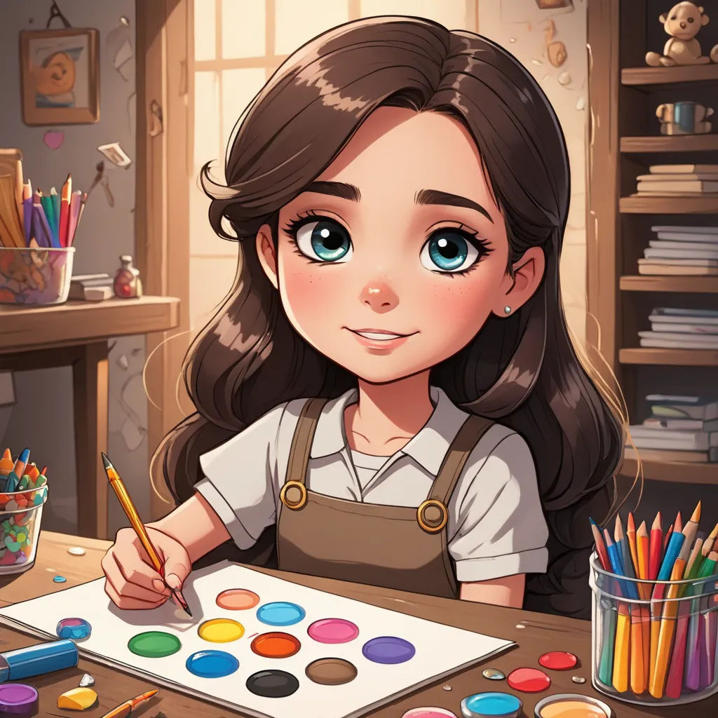 a girl is painting with a brush and a palette of paint and a cup of pencils and a teddy bear, naive art, a character portrait, artist, deviantart artstation
